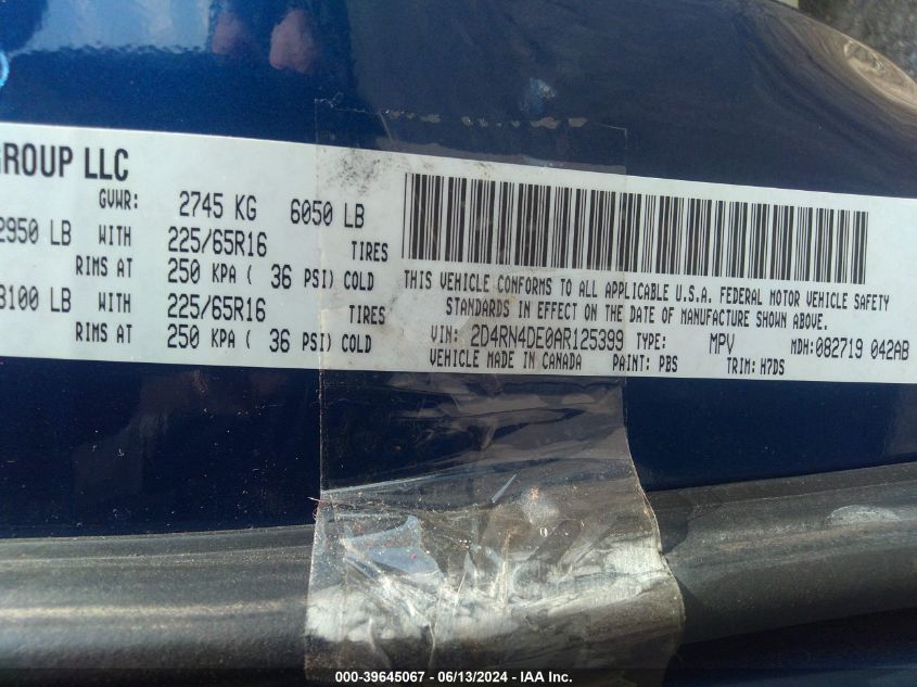 2010 Dodge Grand Caravan Se VIN: 2D4RN4DE0AR125399 Lot: 39645067