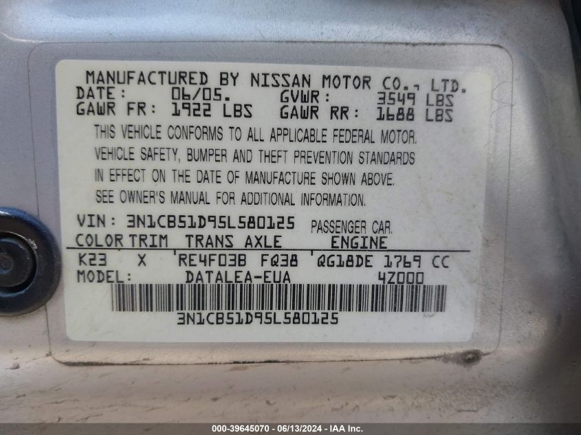 2005 Nissan Sentra 1.8S VIN: 3N1CB51D95L580125 Lot: 39645070