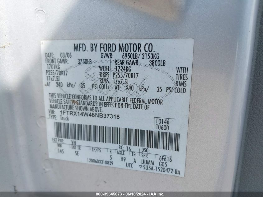 1FTRX14W46NB37316 | 2006 FORD F-150