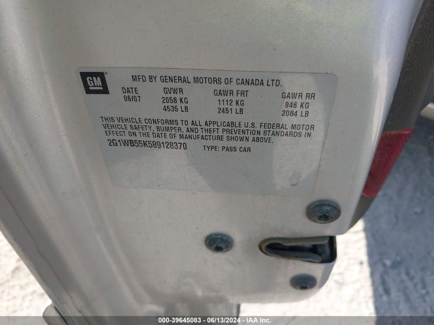 2008 Chevrolet Impala Ls VIN: 2G1WB55K589128370 Lot: 39645083