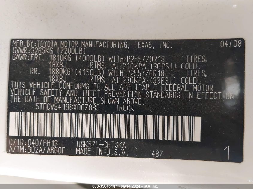 2008 Toyota Tundra Base 5.7L V8 VIN: 5TFCV54198X007885 Lot: 39645147