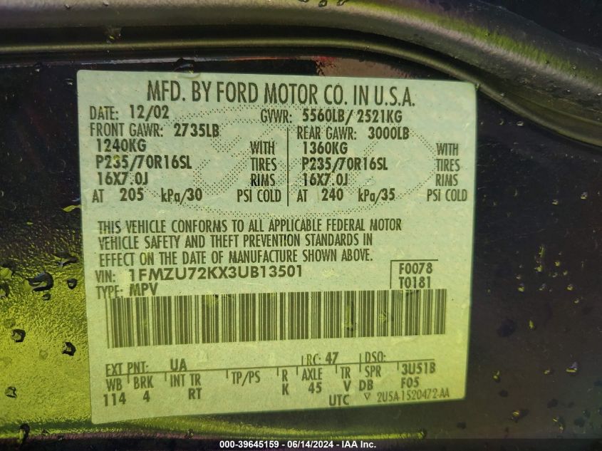 2003 Ford Explorer Xls VIN: 1FMZU72KX3UB13501 Lot: 39645159