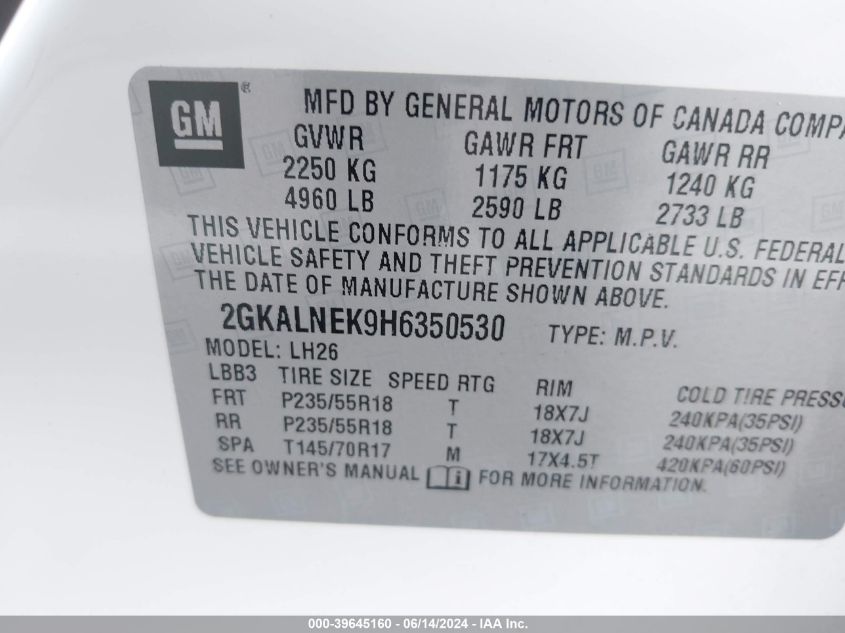 2017 GMC Terrain Sle-2 VIN: 2GKALNEK9H6350530 Lot: 39645160