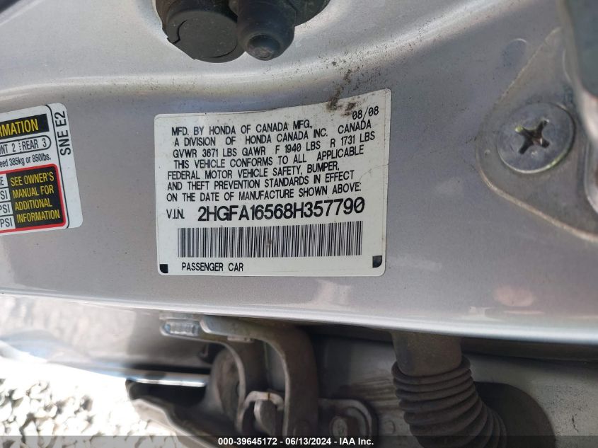 2008 Honda Civic Lx VIN: 2HGFA16568H357790 Lot: 39645172