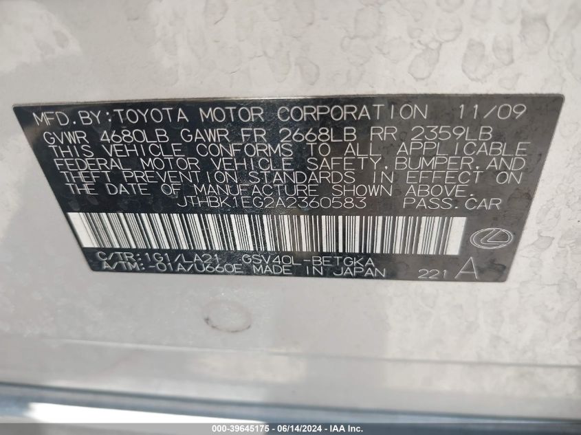 2010 Lexus Es 350 VIN: JTHBK1EG2A2360583 Lot: 39645175