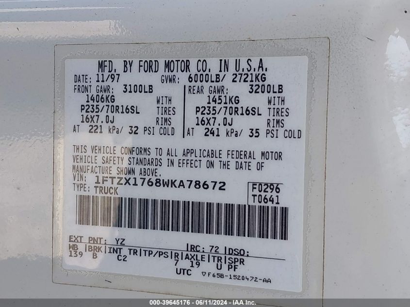 1998 Ford F-150 Lariat/Standard/Xl/Xlt VIN: 1FTZX1768WKA78672 Lot: 39645176