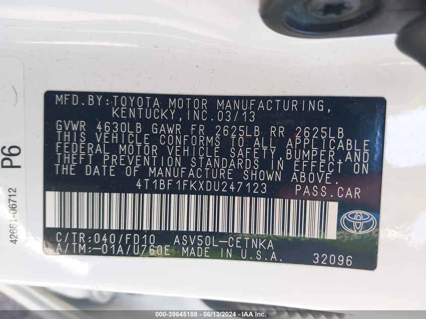 2013 Toyota Camry Le VIN: 4T1BF1FKXDU247123 Lot: 39645188