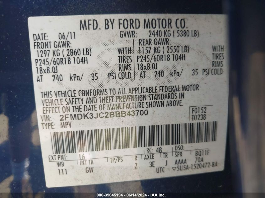 2011 Ford Edge Sel VIN: 2FMDK3JC2BBB43700 Lot: 39645194