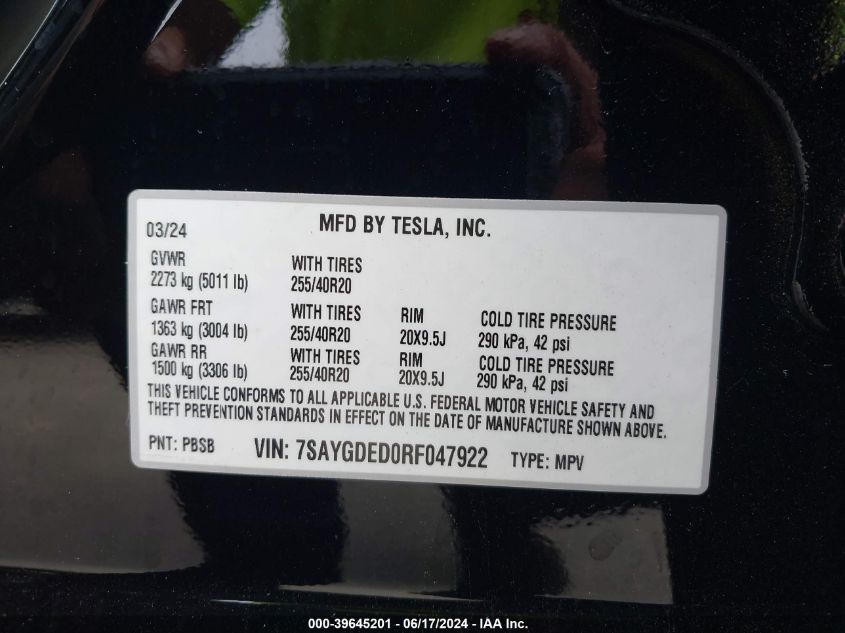 2024 Tesla Model Y Rwd VIN: 7SAYGDED0RF047922 Lot: 39645201