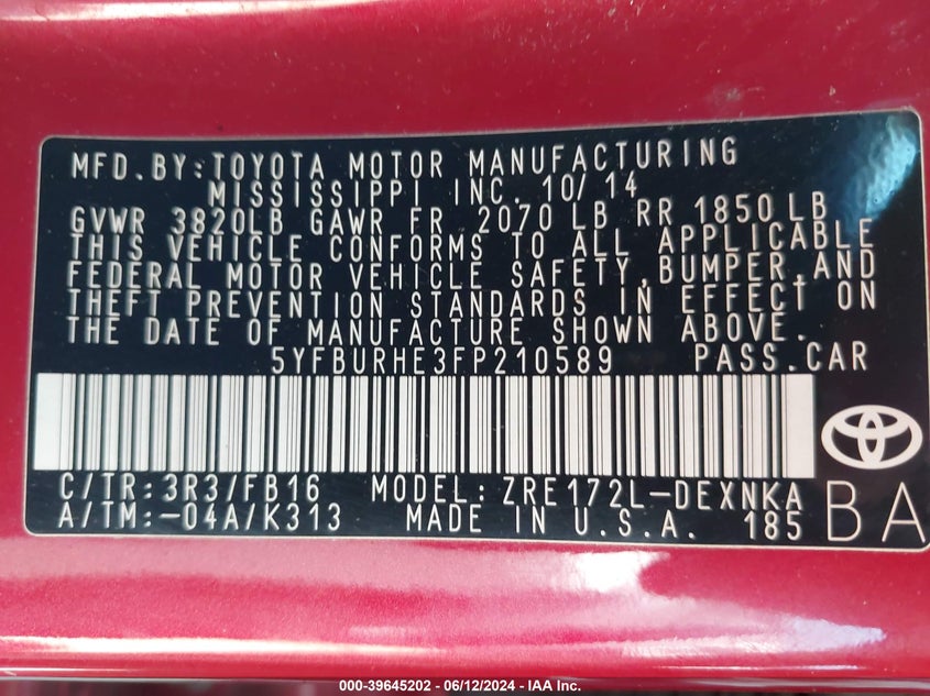 2015 Toyota Corolla Le VIN: 5YFBURHE3FP210589 Lot: 39645202