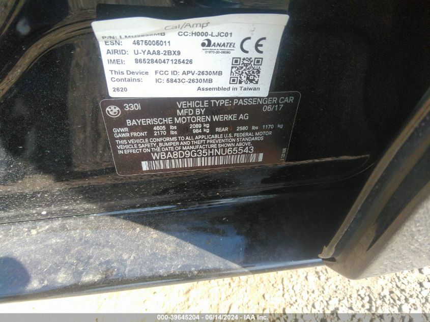 2017 BMW 330I xDrive VIN: WBA8D9G35HNU65543 Lot: 39645204