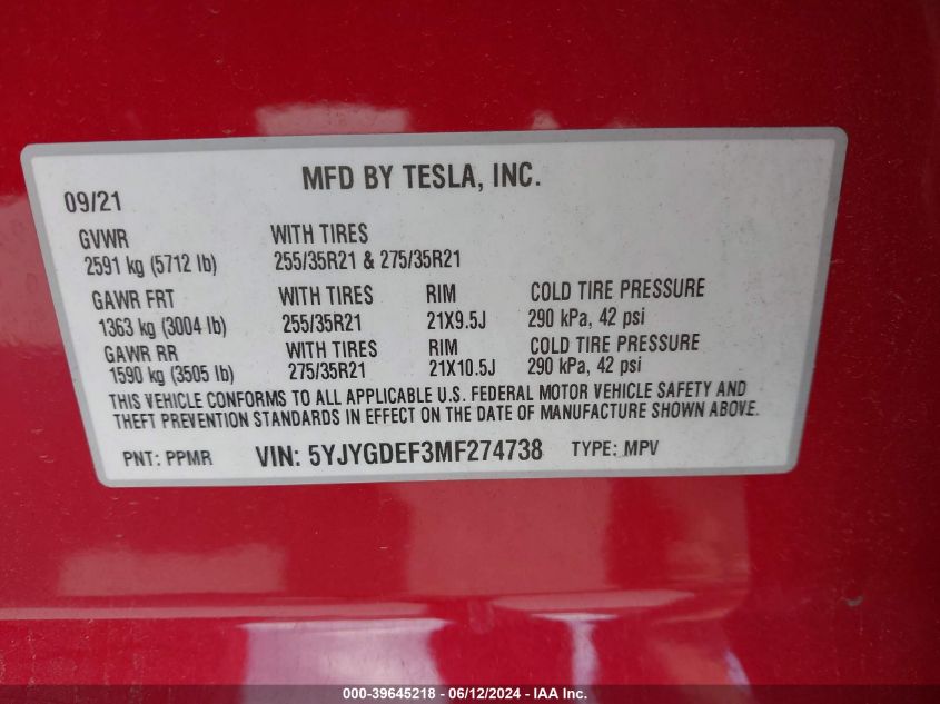 2021 Tesla Model Y Performance Dual Motor All-Wheel Drive VIN: 5YJYGDEF3MF274738 Lot: 39645218