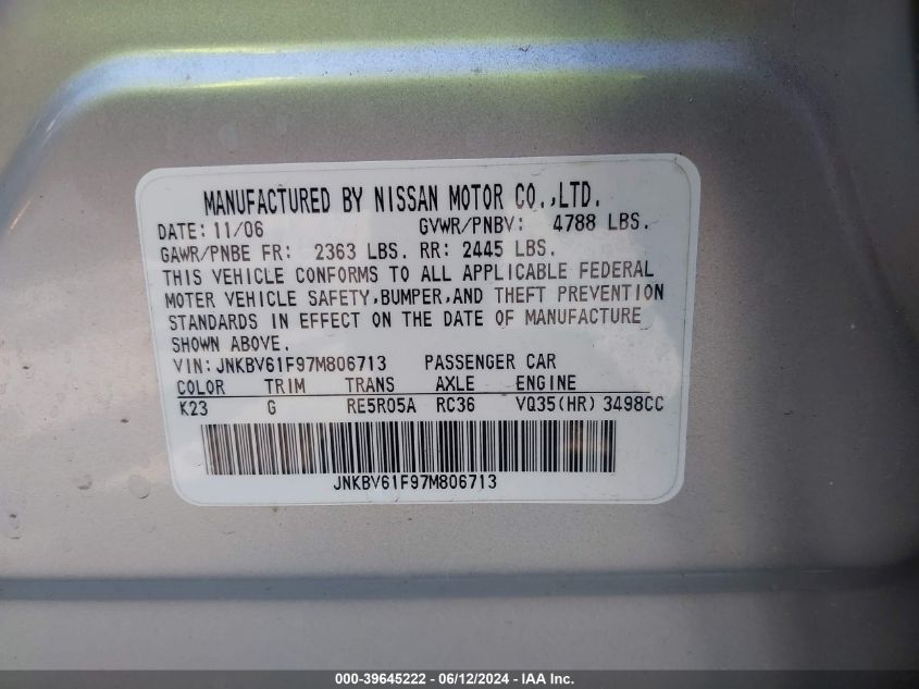 2007 Infiniti G35X VIN: JNKBV61F97M806713 Lot: 39645222