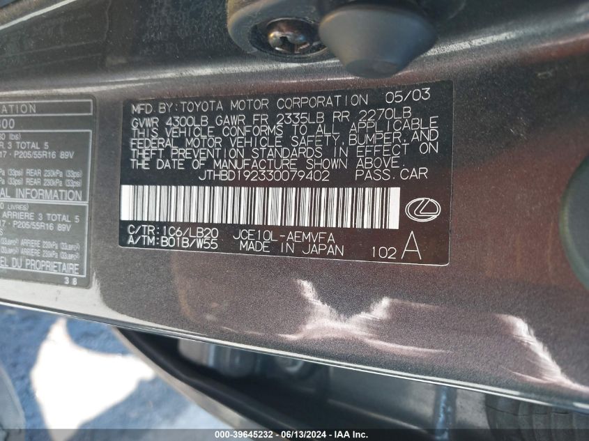 2003 Lexus Is 300 Base W/5-Speed Manual VIN: JTHBD192330079402 Lot: 39645232