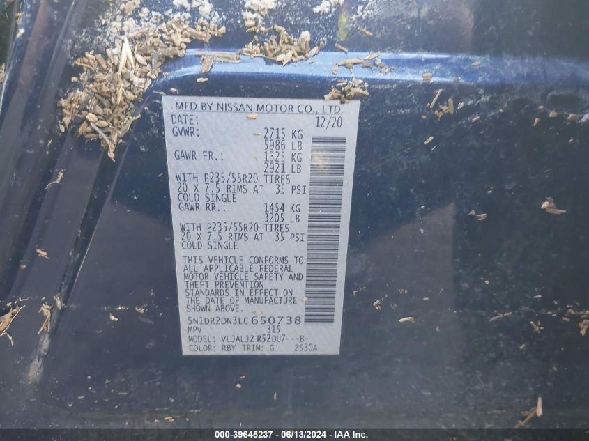 2020 Nissan Pathfinder Platinum 2Wd VIN: 5N1DR2DN3LC650738 Lot: 39645237