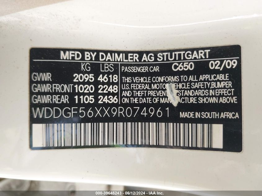 2009 Mercedes-Benz C 350 Sport VIN: WDDGF56XX9R074961 Lot: 39645243