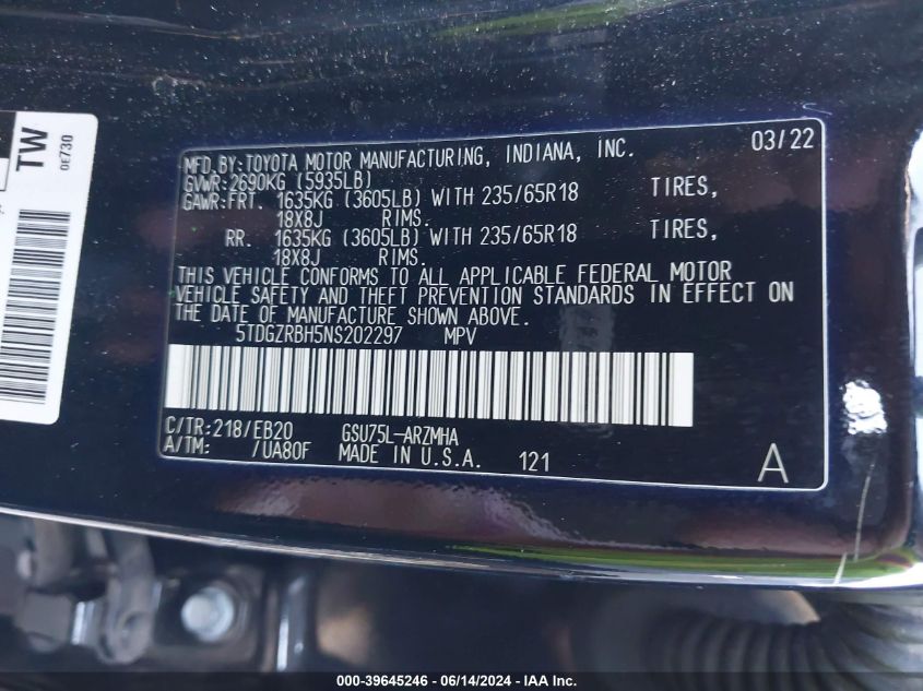 2022 Toyota Highlander Xle VIN: 5TDGZRBH5NS202297 Lot: 39645246