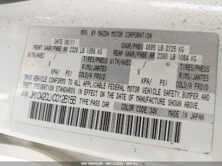 2012 Mazda Mazda5 Touring VIN: JM1CW2CLXC0126156 Lot: 39645250
