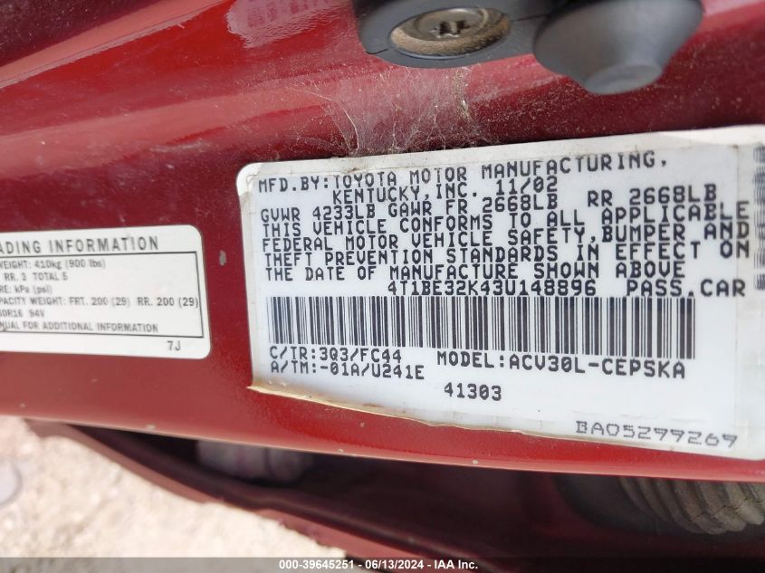 2003 Toyota Camry Se VIN: 4T1BE32K43U148896 Lot: 39645251