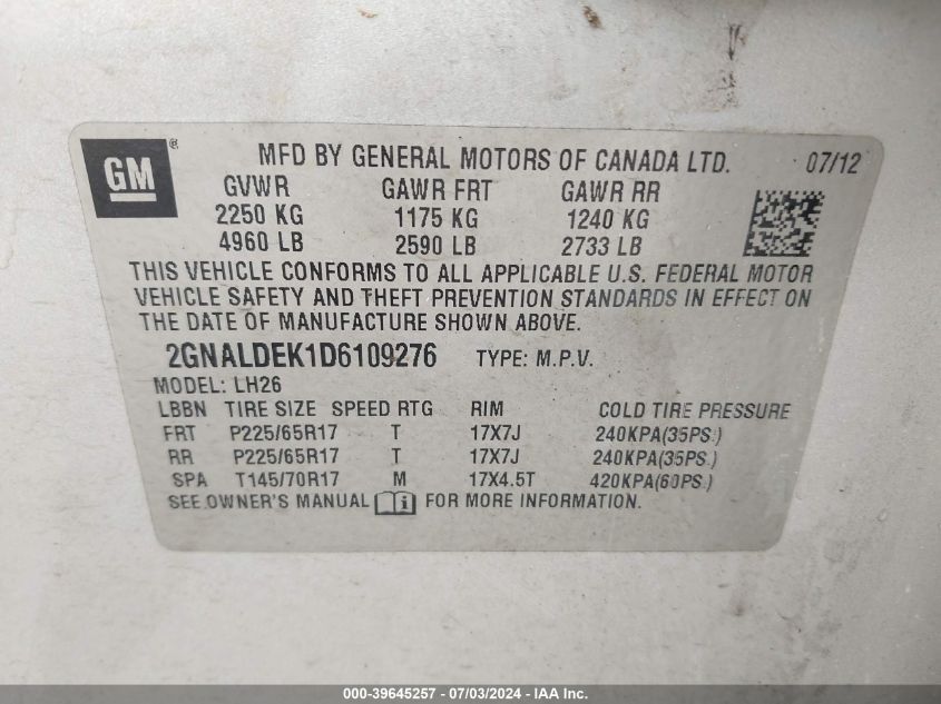 2013 Chevrolet Equinox 1Lt VIN: 2GNALDEK1D6109276 Lot: 39645257