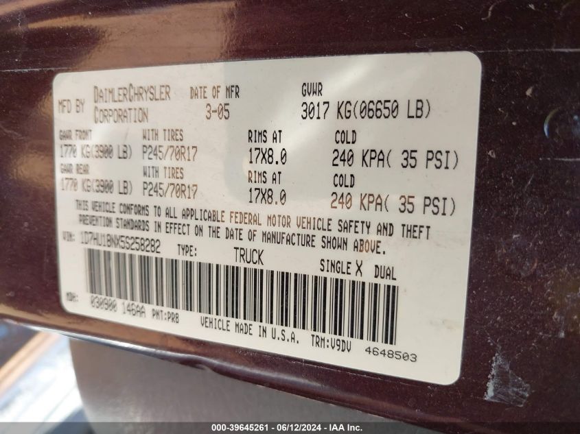 2005 Dodge Ram 1500 Slt/Laramie VIN: 1D7HU18NX5S258282 Lot: 39645261