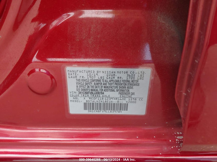 2020 Nissan Versa Sr Xtronic Cvt VIN: 3N1CN8FV9LL839784 Lot: 39645266