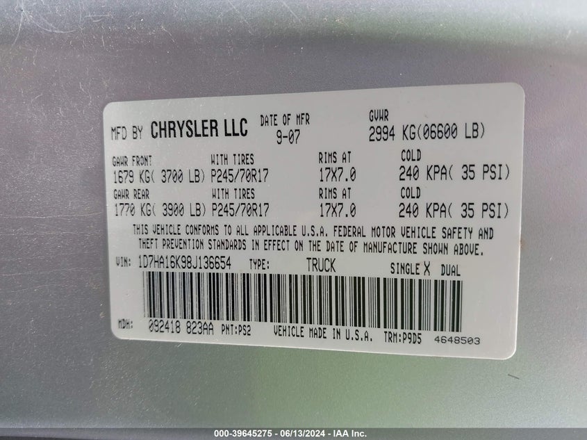 2008 Dodge Ram 1500 St/Sxt VIN: 1D7HA16K98J136654 Lot: 39645275