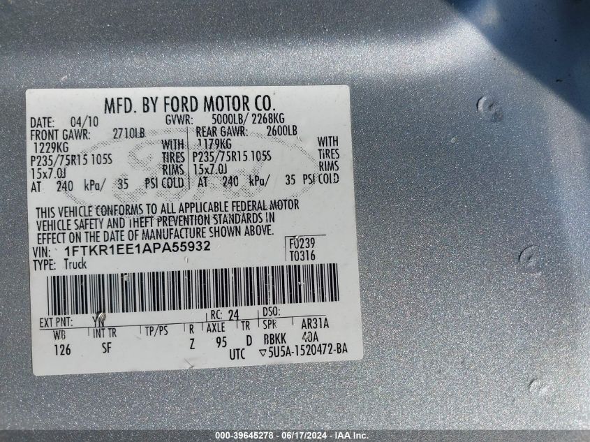 2010 Ford Ranger Sport VIN: 1FTKR1EE1APA55932 Lot: 39645278