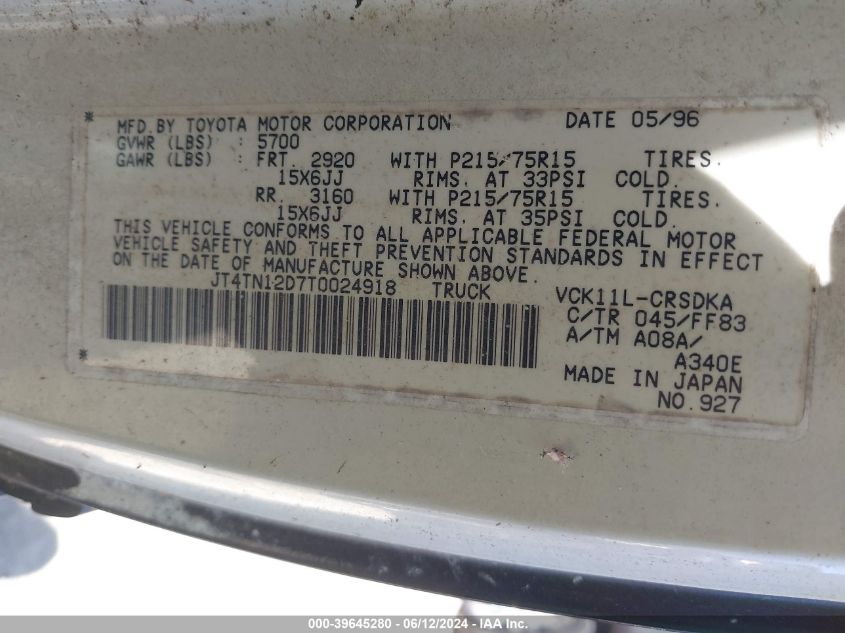 1996 Toyota T100 Xtracab VIN: JT4TN12D7T0024918 Lot: 39645280