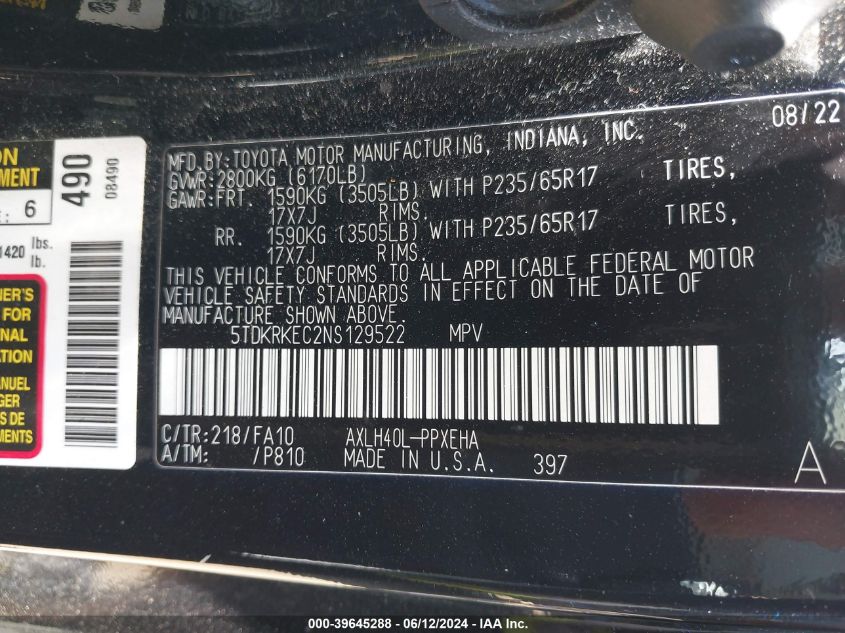 2022 Toyota Sienna Le VIN: 5TDKRKEC2NS129522 Lot: 39645288