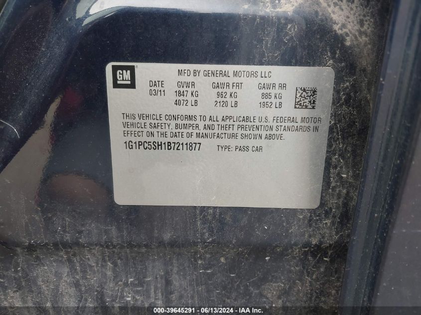 2011 Chevrolet Cruze Ls VIN: 1G1PC5SH1B7211877 Lot: 39645291