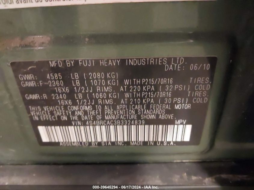 2011 Subaru Outback 2.5I VIN: 4S4BRCAC3B3324839 Lot: 39645294