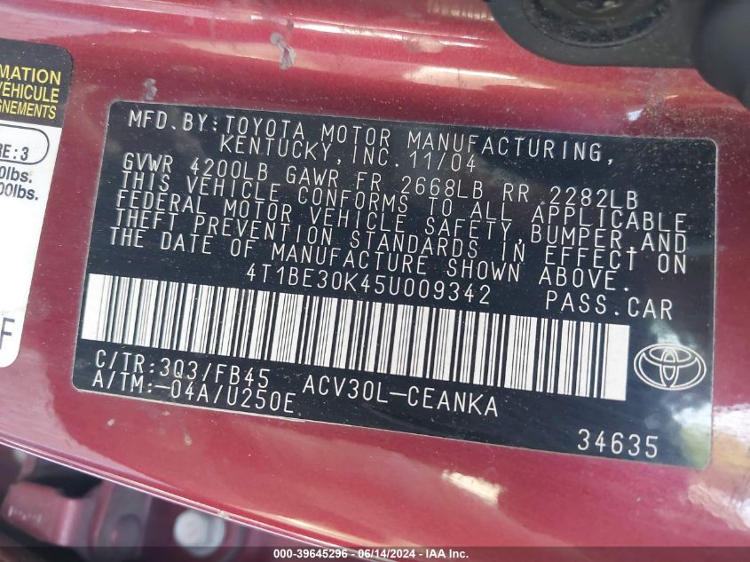 2005 Toyota Camry Le VIN: 4T1BE30K45U009342 Lot: 39645296