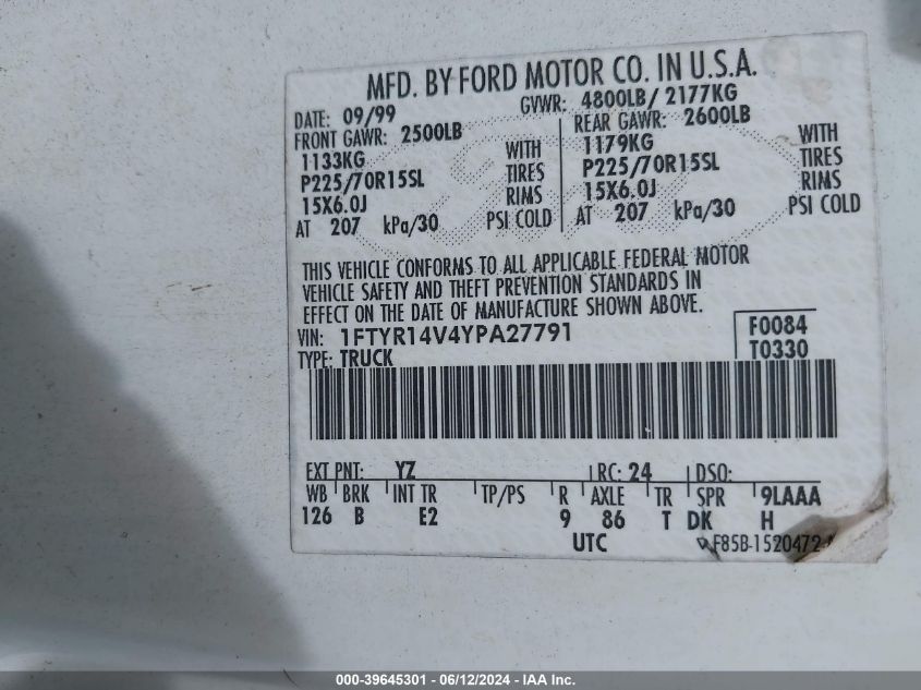 2000 Ford Ranger Xl/Xlt VIN: 1FTYR14V4YPA27791 Lot: 39645301