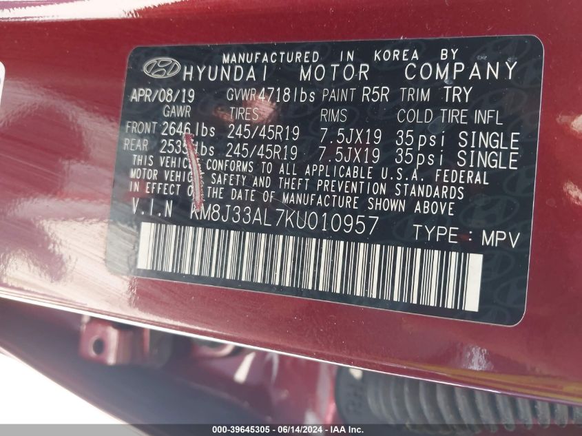2019 Hyundai Tucson Night VIN: KM8J33AL7KU010957 Lot: 39645305