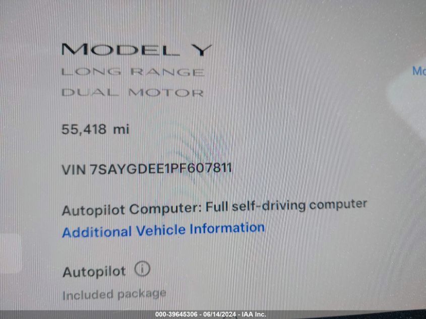 2023 Tesla Model Y Awd/Long Range Dual Motor All-Wheel Drive VIN: 7SAYGDEE1PF607811 Lot: 39645306