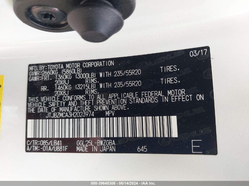 2017 Lexus Rx 350 VIN: JTJBZMCA3H2023974 Lot: 39645308