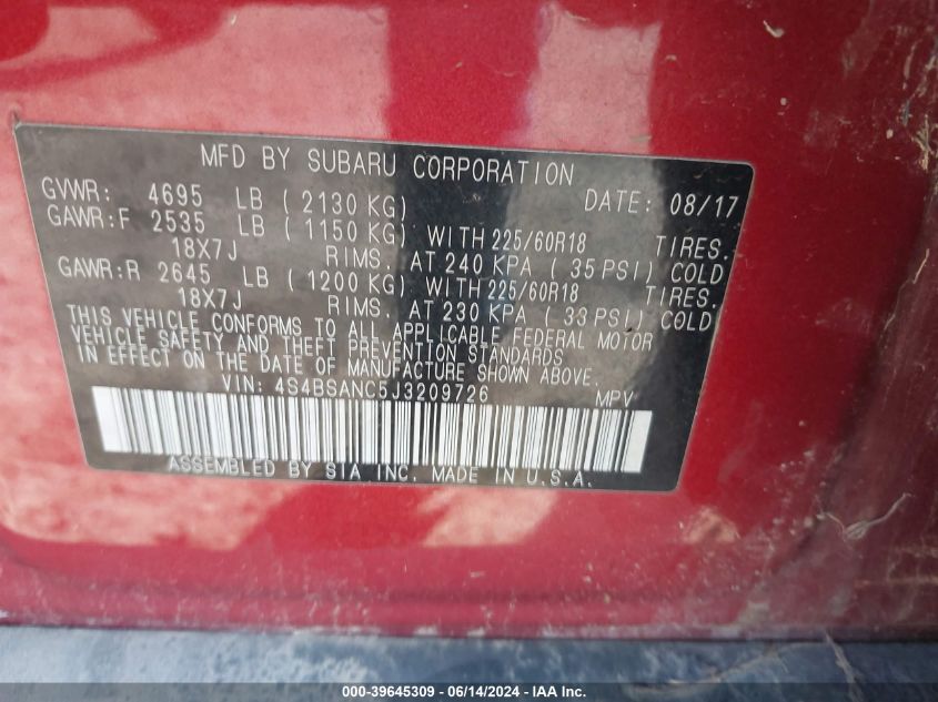 2018 Subaru Outback 2.5I Limited VIN: 4S4BSANC5J3209726 Lot: 39645309