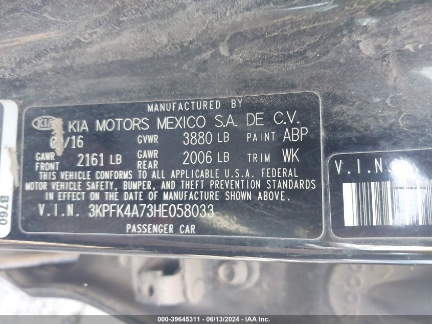 2017 Kia Forte Lx VIN: 3KPFK4A73HE058033 Lot: 39645311