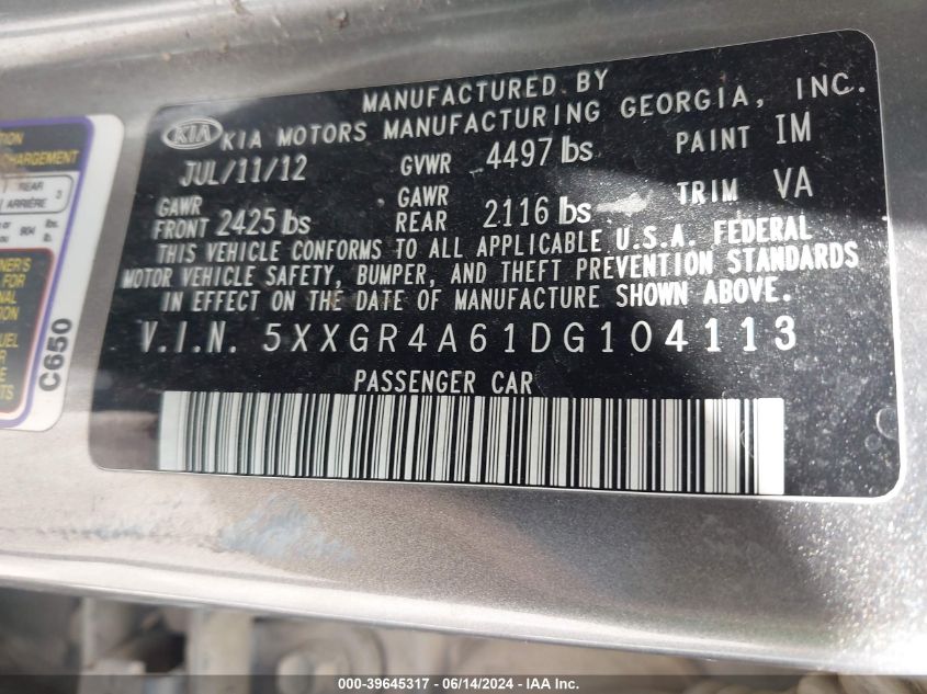 2013 Kia Optima Sx VIN: 5XXGR4A61DG104113 Lot: 39645317