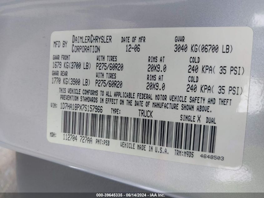 2007 Dodge Ram 1500 Slt VIN: 1D7HA18PX7S157966 Lot: 39645335