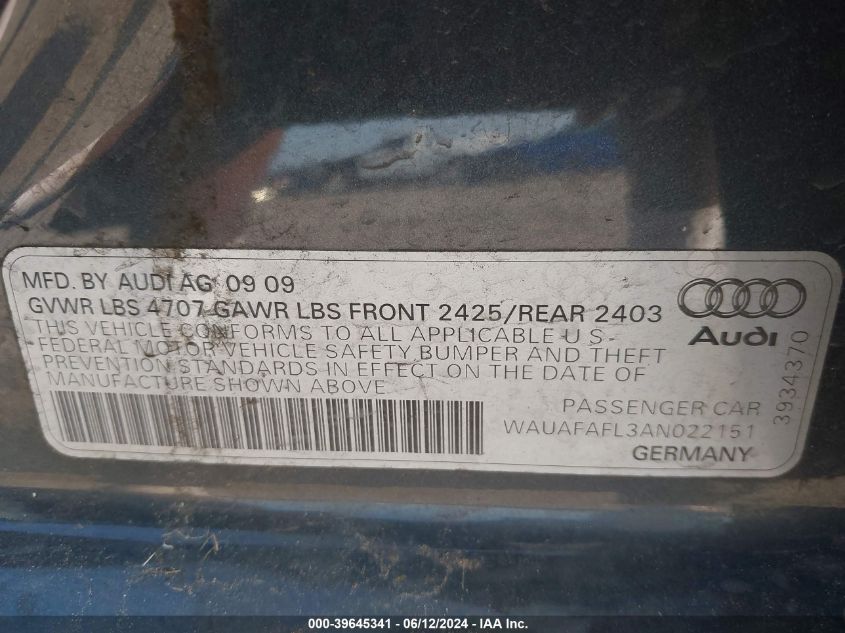 2010 Audi A4 2.0T Premium VIN: WAUAFAFL3AN022151 Lot: 39645341