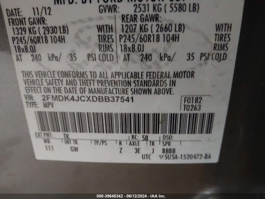 2013 Ford Edge Sel VIN: 2FMDK4JCXDBB37541 Lot: 39645342