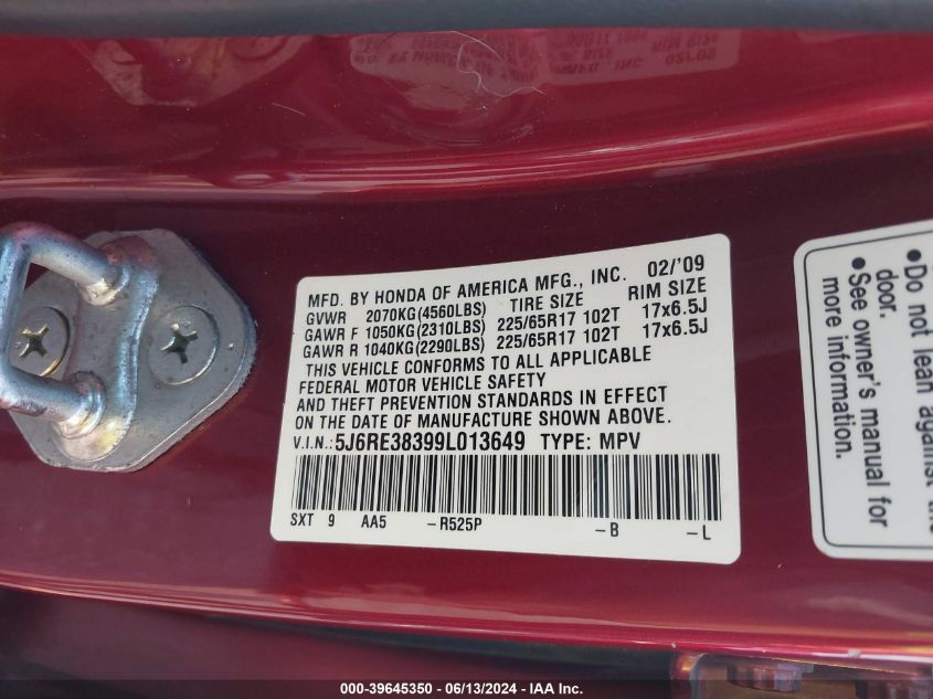 2009 Honda Cr-V Lx VIN: 5J6RE38399L013649 Lot: 39645350