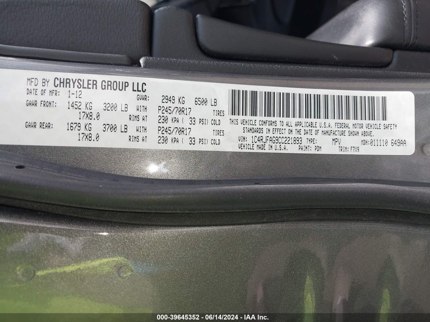 2012 Jeep Grand Cherokee Laredo VIN: 1C4RJFAG9CC221893 Lot: 39645352