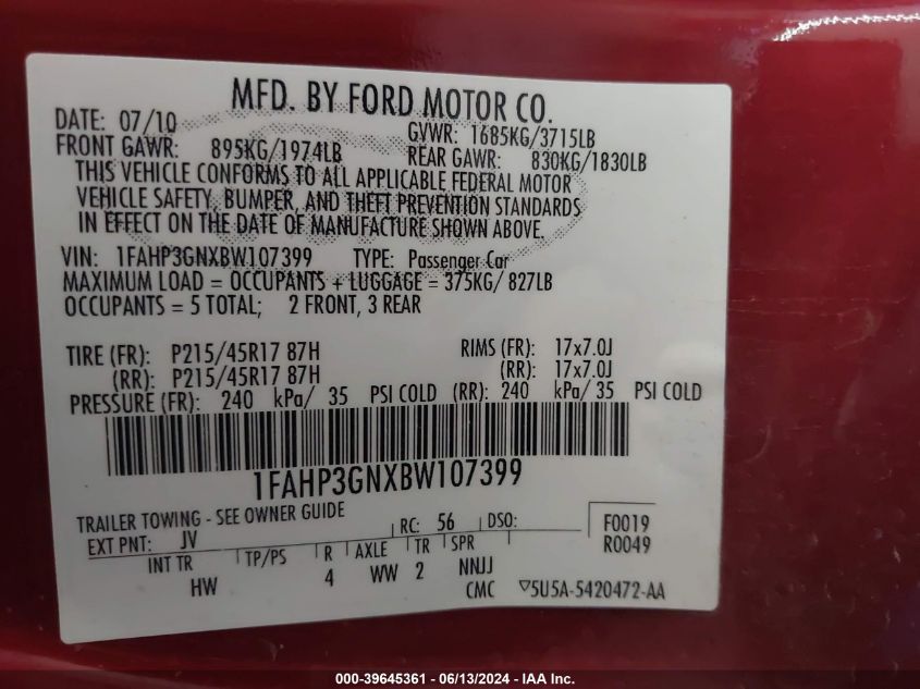 2011 Ford Focus Ses VIN: 1FAHP3GNXBW107399 Lot: 39645361