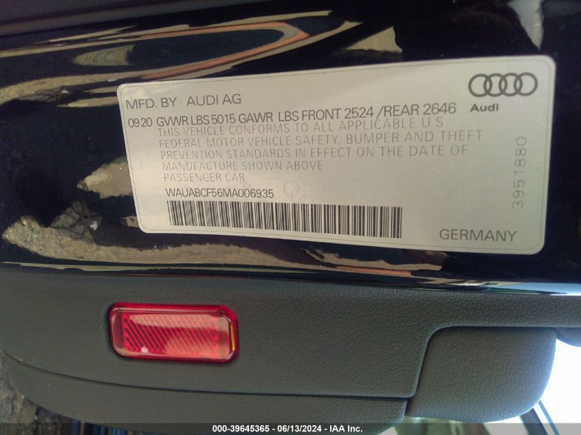 2021 Audi A5 Sportback Premium 40 Tfsi Quattro S Tronic VIN: WAUABCF56MA006935 Lot: 39645365