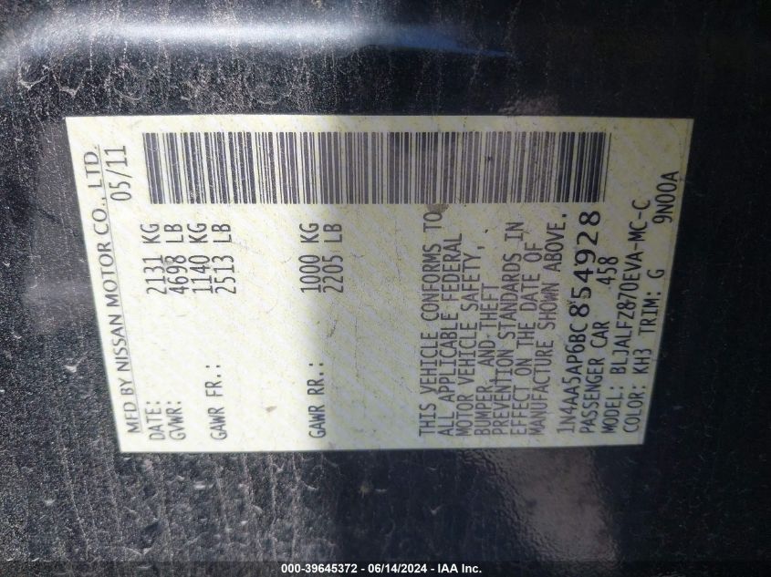 2011 Nissan Maxima 3.5 Sv VIN: 1N4AA5AP6BC854928 Lot: 39645372