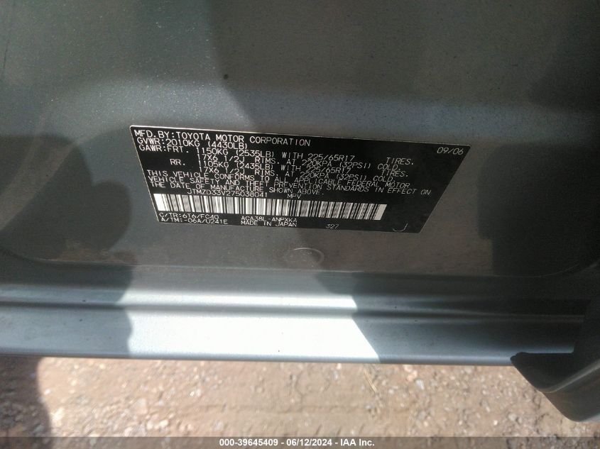 2007 Toyota Rav4 VIN: JTMZD33V275038041 Lot: 39645409