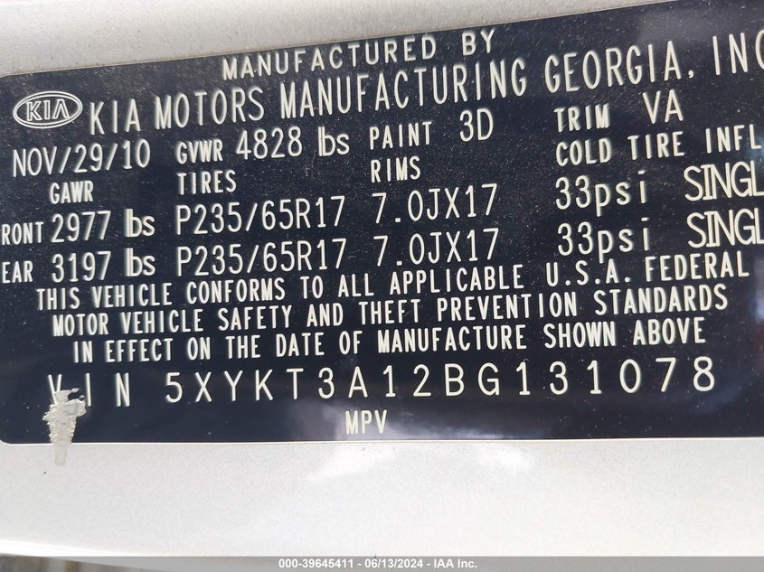 2011 Kia Sorento Lx VIN: 5XYKT3A12BG131078 Lot: 39645411